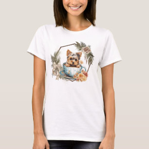 Süßer Teacup-Yorkie in goldenem Rahmen mit Rosen T-Shirt