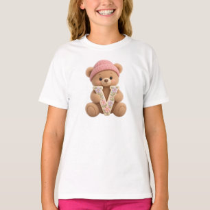 Süßer Teddybär Anfangsbuchstabe V Floral Mädchen T T-Shirt
