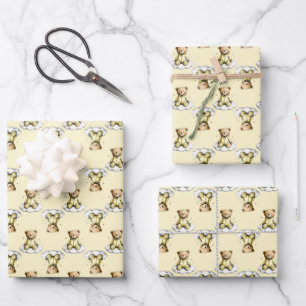 Süßer Teddybär auf einem Wolken-Gelben Kapuzen-Bod Geschenkpapier Set