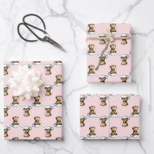 Süßer Teddybär auf einer rosa Haarspange in den Wo Geschenkpapier Set (Vorderseite)