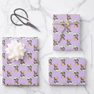 Süßer Teddybär auf einer Wolke in lila Schlafanzüg Geschenkpapier Set