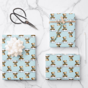 Süßer Teddybär auf einer Wolke mit blauem Fliegenb Geschenkpapier Set