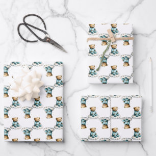 Süßer Teddybär auf flauschiger Wolke in blauen Pyj Geschenkpapier Set
