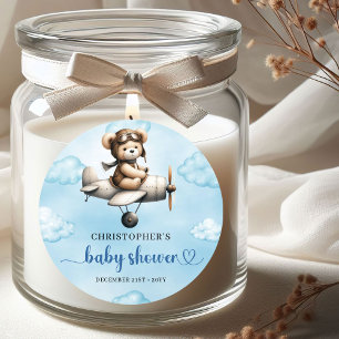Süßer Teddybär-Aviator Blau Braun Junge Baby-Party Runder Aufkleber