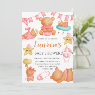 Süßer Teddybär-Baby-Shower Pink Mädchen  Einladung