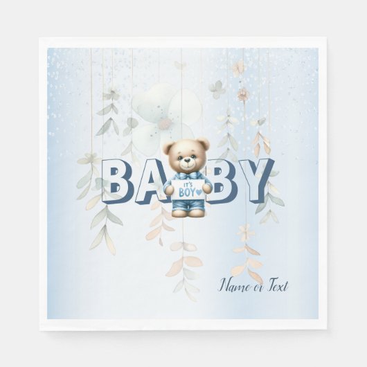 Süßer Teddybär Blau Florale Party Serviette (Vorderseite)