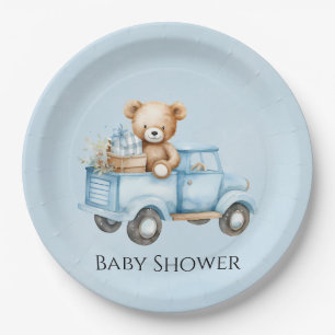 Süßer Teddybär Blau Vintage-LKW Baby Shower Pappteller
