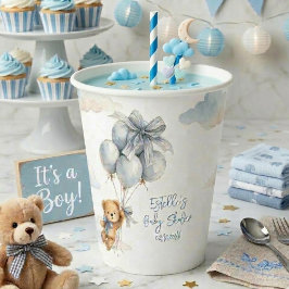 Süßer Teddybär Blaue Ballons Wolken Baby Junge Pappbecher