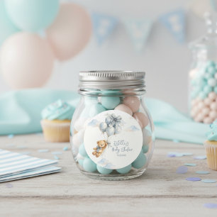 Süßer Teddybär Blaue Ballons Wolken Baby Junge Runder Aufkleber