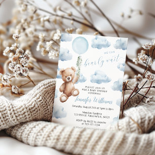 Süßer Teddybär Blauer Luftballon Baby-Junge-Shower Einladung