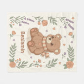 Süßer Teddybär Blumen Custom Name Fleecedecke (Vorderseite (Horizontal))