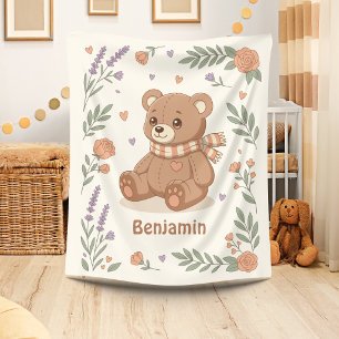 Süßer Teddybär Blumen Custom Name Fleecedecke