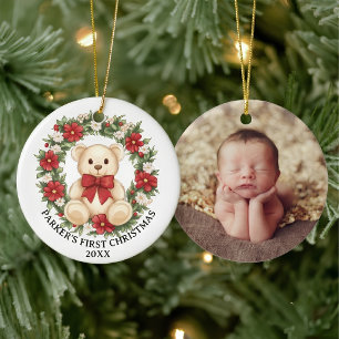 Süßer Teddybär-Blumenkranz Baby erstes Weihnachten Keramik Ornament