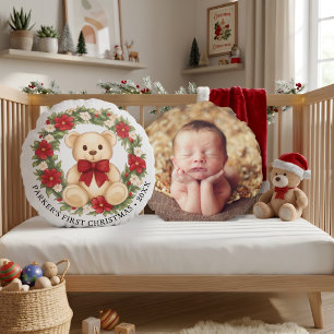 Süßer Teddybär-Blumenkranz-Babys erstes Weihnachte Rundes Kissen
