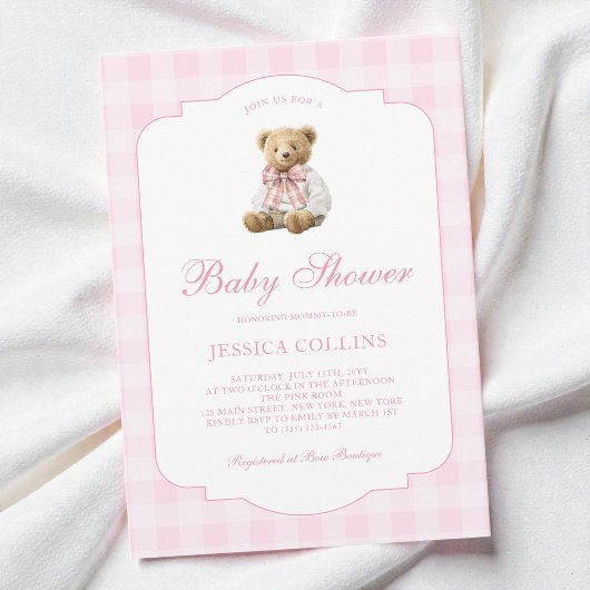 Süßer Teddybär Coquette Schleife Rosa Mädchen Baby Einladung