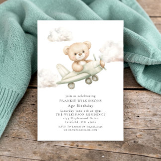 Süßer Teddybär-Flugzeug-Aquarell-Geburtstag Einladung