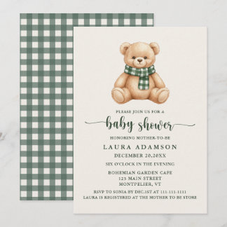 Süßer Teddybär Grün Gingham Kariert Baby Shower Einladung