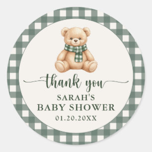 Süßer Teddybär Grün Kariert Baby Shower Dankeschön Runder Aufkleber