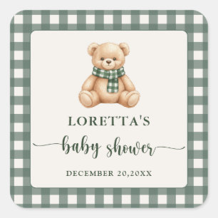 Süßer Teddybär grün kariert Baby Shower Favor Quadratischer Aufkleber