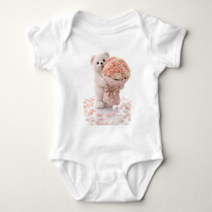 Süßer Teddybär hält Bouquet aus rosafarbenen Pfirs Baby Strampler