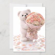 Süßer Teddybär hält Bouquet aus rosafarbenen Pfirs