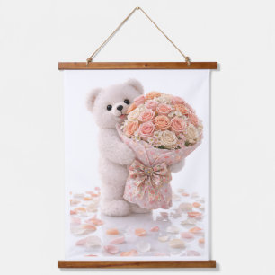 Süßer Teddybär hält Bouquet aus rosafarbenen Pfirs Wandteppich Mit Holzrahmen