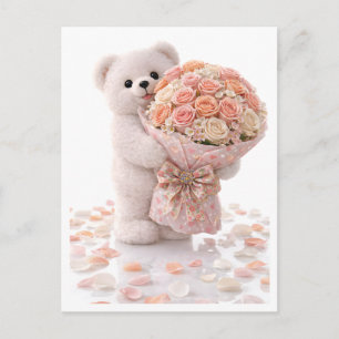 Süßer Teddybär hält ein Bouquet aus rosafarbenen P Postkarte