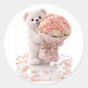 Süßer Teddybär hält ein Bouquet aus rosafarbenen P Runder Aufkleber