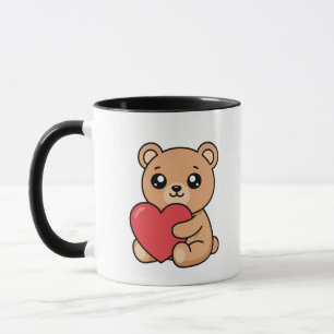 Süßer Teddybär hält rote Herz-Tasse Tasse