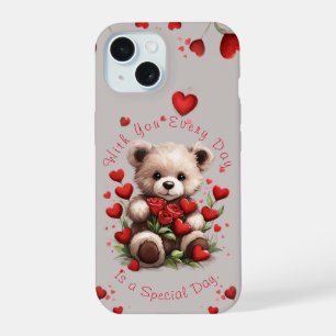 Süßer Teddybär Herzen Rote Rosen Valentinstag iPhone 15 Hülle