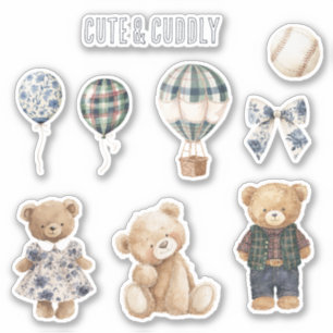 Süßer Teddybär in blauen Blumenkleid Aufkleber