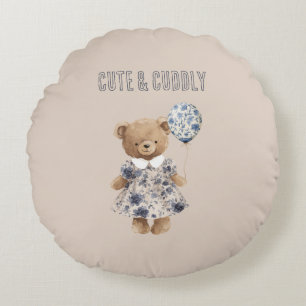 Süßer Teddybär in blauen Blumenkleid Rundes Kissen