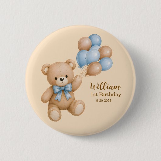 Süßer Teddybär Junge Geburtstag Personalisiert Button (Vorderseite)