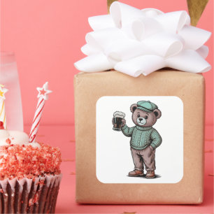 Süßer Teddybär mit Bier Quadratischer Aufkleber