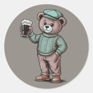 Süßer Teddybär mit Bier Runder Aufkleber