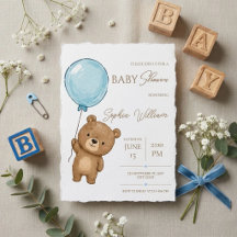 Süßer Teddybär mit blauem Ballon-Junge-Baby-Party