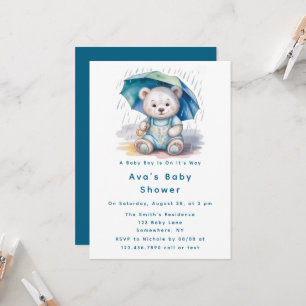 Süßer Teddybär mit Regenschirm Jungen-Baby-Party Einladung