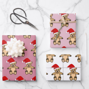 Süßer Teddybär mit Weihnachtsmannmütze Pinkes Weih Geschenkpapier Set