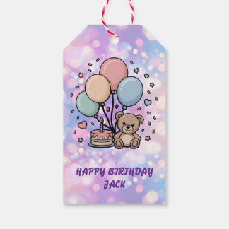 Süßer Teddybär & Pastellballons Geburtstagsfeier Geschenkanhänger