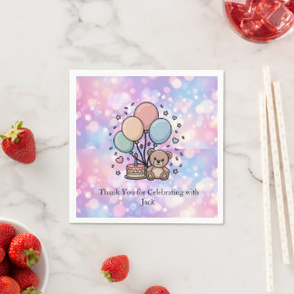 Süßer Teddybär & Pastellballons Geburtstagsfeier Serviette