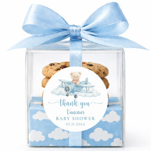 Süßer Teddybär-Pilot Blau Baby Shower Dankeschön Runder Aufkleber