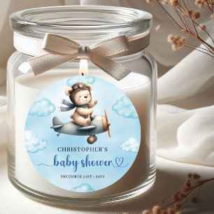 Süßer Teddybär-Pilot Blau Braun Junge Baby Shower  Runder Aufkleber