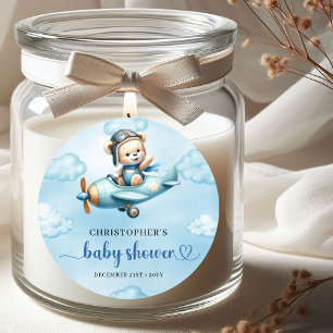 Süßer Teddybär-Pilot-Flugzeug Blau Braun Baby  Runder Aufkleber