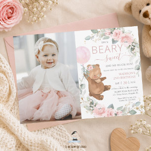 Süßer Teddybär rosa Ballon Geburtstagsfoto Einladung