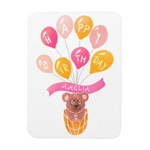 Süßer Teddybär Rosa Ballons Mädchen Geburtstagskar Magnet