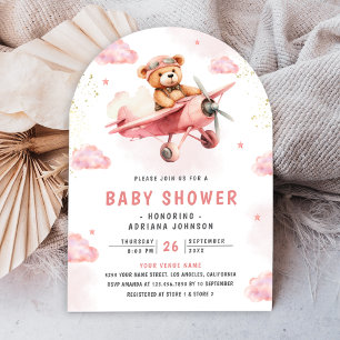 Süßer Teddybär Rosa Flugzeugbogen Babyparty Einladung