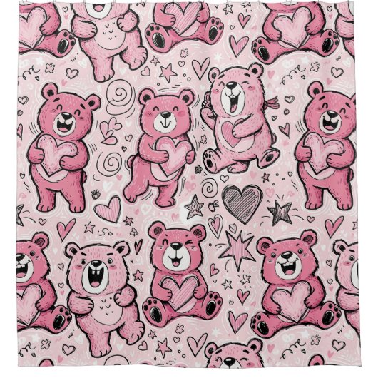 Süßer Teddybär Rosa Muster Duschvorhang (Vorderseite)