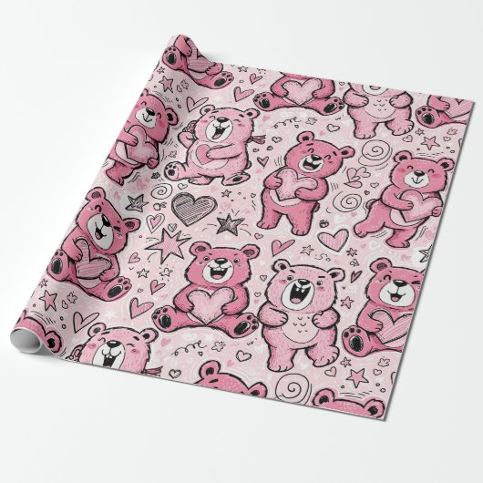 Süßer Teddybär Rosa Muster Geschenkpapier (Ungerollt)