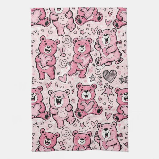 Süßer Teddybär Rosa Muster Geschirrtuch (Vertikal)