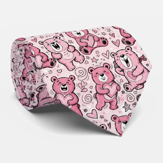 Süßer Teddybär Rosa Muster Krawatte (Gerollt)